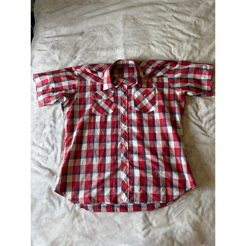 Vintage Ruddock Bros Mens Western Pearl Snap Shirt Plaid Red White Blue USA Made